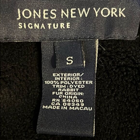 Jones New York Black Faux Suede‎ Real Rabbit Fur Trim Hooded Coat Size S - Picture 15 of 15